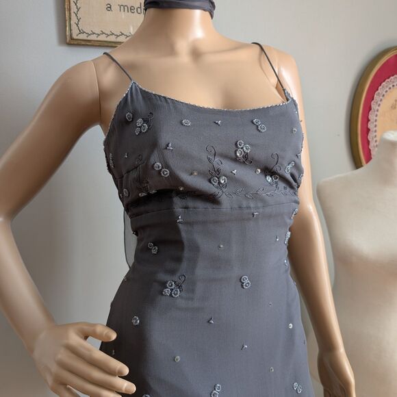 Vintage Y2K Phoebe Maxi Dress Gray Beaded Fairycore Regency Prom Size 10P - Picture 3 of 14